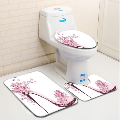 Badezimmerteppich Set 3 Teilig Rosa High Heels Badematte rutschfest Bad Teppiche Set U-förmiger Teppiche und WC-Deckelbezug für Dusche und Toilette Badezimmerteppich Set 3 Teilig Rosa High Heels Badematte rutschfest Bad Teppiche Set U-förmiger Teppiche und WC-Deckelbezug für Dusche und Toilette von Generic