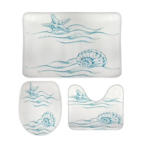 Badezimmerteppich Set 3 Teilig Sommer Muschel Seestern Blau rutschfest U-Form Badteppich Flauschig WC Vorleger für Dusche Dekoration Badezimmerteppich Set 3 Teilig Sommer Muschel Seestern Blau rutschfest U-Form Badteppich Flauschig WC Vorleger für Dusche Dekoration von Generic