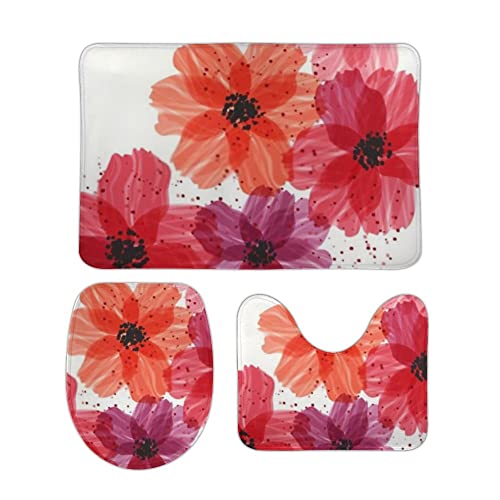 Badezimmerteppich Set 3 Teilig Stilisierte rote Blumen rutschfest U-Form Badteppich Waschbar WC Vorleger für Boden Dusche Badezimmerteppich Set 3 Teilig Stilisierte rote Blumen rutschfest U-Form Badteppich Waschbar WC Vorleger für Boden Dusche von Generic