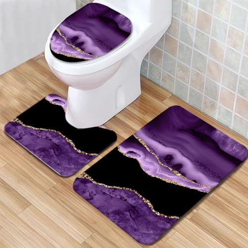Badezimmerteppich Set 3 Teilig mit Toilettensitzbezug Mat U-Förmige Matte Marmor Lila Badematten Saugfähige Mikrofaser Flauschige Badteppiche, WC Vorleger Waschbar rutschfeste Teppich von Generic