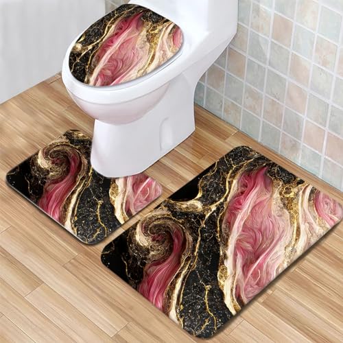 Badezimmerteppich Set 3 Teilig mit Toilettensitzbezug Mat U-Förmige Matte Marmorrotes Muster Badematten Saugfähige Mikrofaser Flauschige Badteppiche, WC Vorleger Waschbar rutschfeste Teppich von Generic