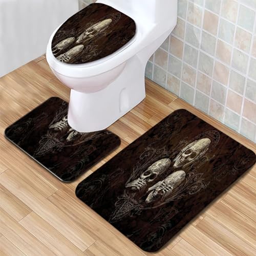 Badezimmerteppich Set 3 Teilig mit Toilettensitzbezug Mat U-Förmige Matte Totenkopf Schwarzes Muster Badematten Saugfähige Mikrofaser Flauschige Badteppiche, WC Vorleger Waschbar rutschfeste Teppich von Generic