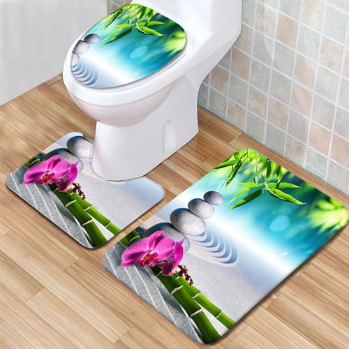 Badezimmerteppich Set Orchideen- und Steinmuster Badgarnitur 3 Teilig Mikrofaser Badematten Set rutschfest U FöRmige Duschvorleger Super weich, Schnell Trocknend WC-Garnitur Teppich von Generic