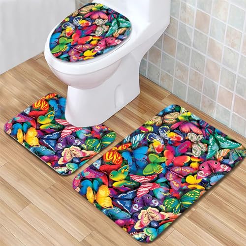 Generic Badezimmerteppich Set Schmetterlings-Malmuster Badgarnitur 3 Teilig Mikrofaser Badematten Set rutschfest U FöRmige Duschvorleger Super weich, Schnell Trocknend WC-Garnitur Teppich von Generic