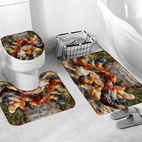 Badgarnitur 3 Teilig,Bauernhaus Huhn Hähne Hennen Hahn Western Waschbar U Förmige Matte rutschfest WC Matte für Dusche WC Boden von Generic