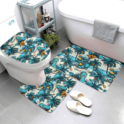 Badgarnitur 3 Teilig,Hawaii Strand Blaudruck Saugfähige U-Form Badteppich Weiche WC Vorleger für Boden Dusche WC Badgarnitur 3 Teilig,Hawaii Strand Blaudruck Saugfähige U-Form Badteppich Weiche WC Vorleger für Boden Dusche WC von Generic