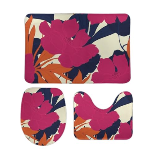 Badgarnitur 3 Teilig Abstraktes Elegantes Blumenmuster rutschfest Contour Badteppich Mikrofaser Toilettensitzbezug für Badezimmer Dekoration von Generic
