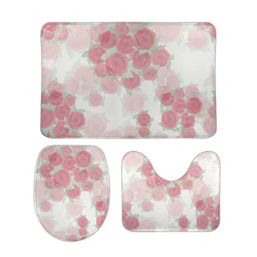Badgarnitur 3 Teilig Rosen Weiß Muster Saugfähige Contour Badteppich Weiche WC Vorleger für Boden Dekoration von Generic