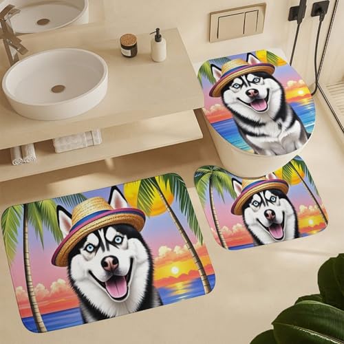 Badgarnitur 3 Teilig Sommer Husky Hund Strand Palmen Seestern Sonnenuntergang U-förmiger Teppich Toilettensitzbezug Mikrofaser,Flauschig für WC Boden von Generic