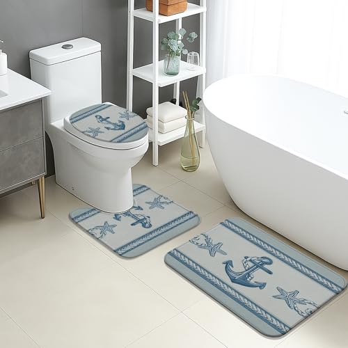Badteppich-Set, nautisches Design, 3-teilig, Ozeanblaue Anker und Seestern-Design, saugfähig, rutschfest, U-förmig, waschbar, Sommer, Strand, schnell trocknend, Memory-Schaum, Badezimmerteppich-Set Badteppich-Set, nautisches Design, 3-teilig, Ozeanblaue Anker und Seestern-Design, saugfähig, rutschfest, U-förmig, waschbar, Sommer, Strand, schnell trocknend, Memory-Schaum, Badezimmerteppich-Set von Generic