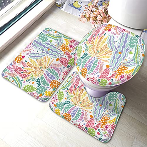 Badteppich Set 3-Teilig Kakteen Botanische Zimmerpflanze Doodle Bunt Badezimmer Vorleger 3-Teiliges Weiches Badvorleger Wasserabsorbierender Badematte Für Wc-Abdeckung Badewanne Dusche von Generic
