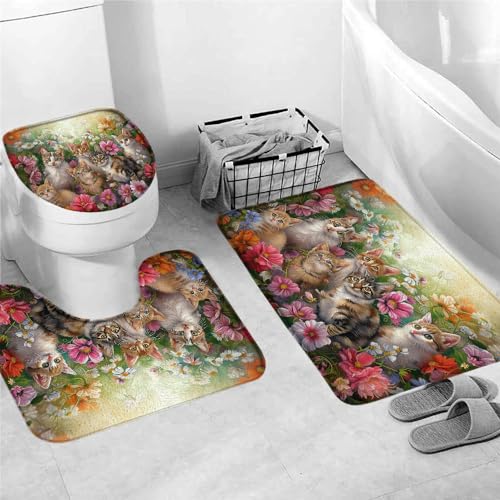 Badteppich Set 3 Teiliges,Blume mit Katze Bunte Katzen Kitty Familie Kätzchen Daisy Weiche U-förmiger Kontur Saugfähige WC Vorleger für Boden Dusche Dekoration Badteppich Set 3 Teiliges,Blume mit Katze Bunte Katzen Kitty Familie Kätzchen Daisy Weiche U-förmiger Kontur Saugfähige WC Vorleger für Boden Dusche Dekoration von Generic
