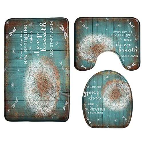 Badteppich Set 3 Teiliges,Dandelion Libelle Rustikale Teal Fliegende Samen rutschfest U Förmige Matte Waschbar WC Matte für Badezimmer Dekoration Boden Badteppich Set 3 Teiliges,Dandelion Libelle Rustikale Teal Fliegende Samen rutschfest U Förmige Matte Waschbar WC Matte für Badezimmer Dekoration Boden von Generic