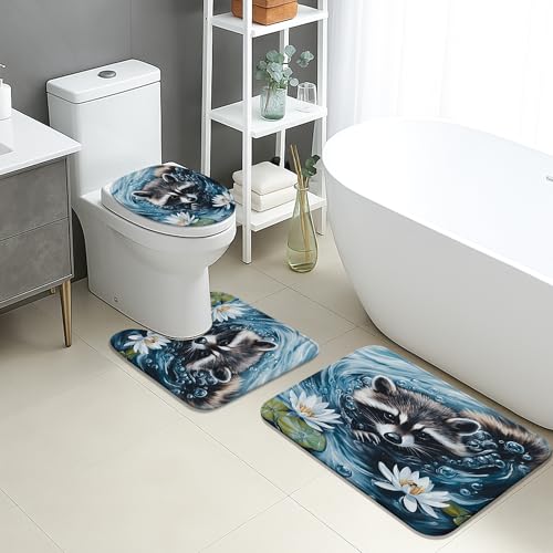 Badteppich Set 3 Teiliges,Fantasievoller süßer Waschbär und Seerosen Schnell Trocknend Contour Badteppich Flauschig Toilettensitzbezug für Badezimmer WC Dusche Badteppich Set 3 Teiliges,Fantasievoller süßer Waschbär und Seerosen Schnell Trocknend Contour Badteppich Flauschig Toilettensitzbezug für Badezimmer WC Dusche von Generic