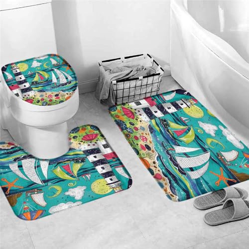 Badteppich Set 3 Teiliges,Nautischer Ocean Leuchtturm Segelboot Strand Meer Welle Küste Meer Mikrofaser U Förmige Matte rutschfest WC Vorleger für WC Dekoration Badezimmer Badteppich Set 3 Teiliges,Nautischer Ocean Leuchtturm Segelboot Strand Meer Welle Küste Meer Mikrofaser U Förmige Matte rutschfest WC Vorleger für WC Dekoration Badezimmer von Generic