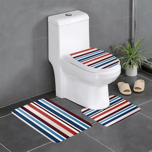 Badteppich Set 3 Teiliges,Rot Blau Weiß Grau Streifen Saugfähige U-Form Badteppich Weiche WC Vorleger für WC Badezimmer Dusche Badteppich Set 3 Teiliges,Rot Blau Weiß Grau Streifen Saugfähige U-Form Badteppich Weiche WC Vorleger für WC Badezimmer Dusche von Generic