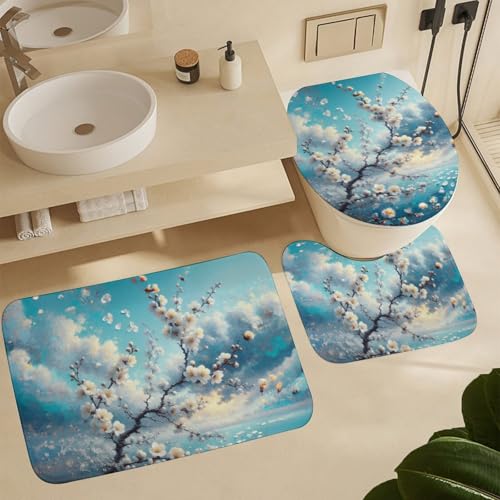Badteppich Set 3 Teiliges,Weißer Blütenzweig mit fallenden Blütenblättern blau rutschfest Contour Badteppich Waschbar WC Matte für Badezimmer Dekoration Boden Badteppich Set 3 Teiliges,Weißer Blütenzweig mit fallenden Blütenblättern blau rutschfest Contour Badteppich Waschbar WC Matte für Badezimmer Dekoration Boden von Generic