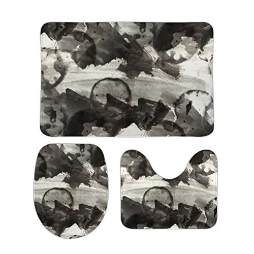 Badteppich Set 3 Teiliges Aquarell Schwarzes Muster Waschbar Contour Badteppich Weiche WC Matte für Boden WC von Generic
