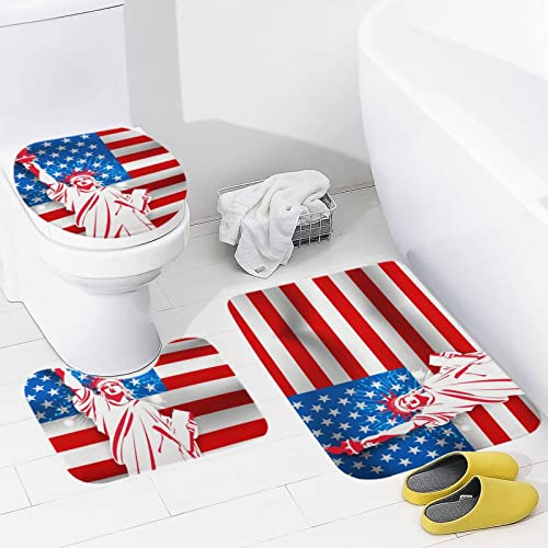 Badteppich Set 3 Teiliges Freiheitsstatue USA Flagge Unabhängigkeitstag Freiheit U-Form Badteppich WC Vorleger Schnell Trocknend,Mikrofaser für WC Boden von Generic