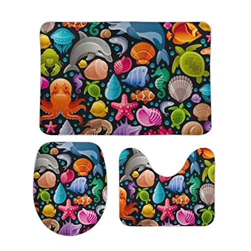 Badteppich Set 3 Teiliges Unterwassertiere rutschfest U Förmige Matte Flauschig WC Vorleger für Dusche Dekoration Badteppich Set 3 Teiliges Unterwassertiere rutschfest U Förmige Matte Flauschig WC Vorleger für Dusche Dekoration von Generic