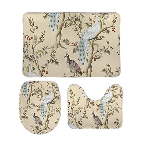 Badteppich Set 3 Teiliges Weiße Pfauen Pfingstrosen Baum Chinoiserie Stil Saugfähige U Förmige Matte rutschfest WC Vorleger für Badezimmer Dusche Badteppich Set 3 Teiliges Weiße Pfauen Pfingstrosen Baum Chinoiserie Stil Saugfähige U Förmige Matte rutschfest WC Vorleger für Badezimmer Dusche von Generic