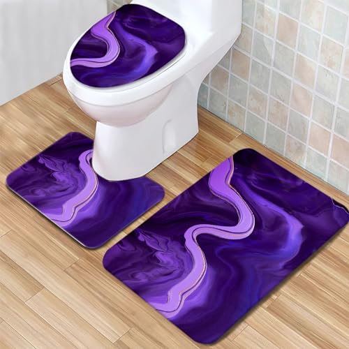 Badteppich Set Abstrakter Marmor lila Badezimmerteppich Set 3 Teilig Weicher Mikrofaser Bad Teppiche WC Vorleger Waschbar rutschfeste Badvorleger Toilette Teppich von Generic