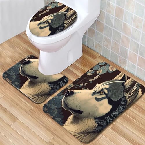 Badteppich Set Cartoon-Husky-Hund Badezimmerteppich Set 3 Teilig Weicher Mikrofaser Bad Teppiche WC Vorleger Waschbar rutschfeste Badvorleger Toilette Teppich von Generic