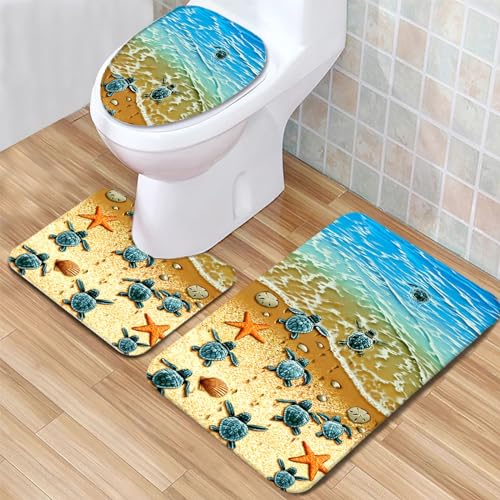 Badteppich Set Meer-Cartoon-Schildkröte Badezimmerteppich Set 3 Teilig Weicher Mikrofaser Bad Teppiche WC Vorleger Waschbar rutschfeste Badvorleger Toilette Teppich von Generic