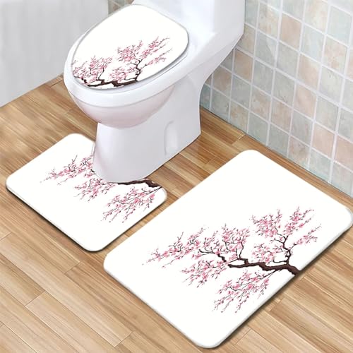 Badteppich Set einfache Kirschblüte Badezimmerteppich Set 3 Teilig Weicher Mikrofaser Bad Teppiche WC Vorleger Waschbar rutschfeste Badvorleger Toilette Teppich von Generic