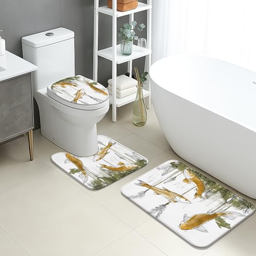 Badteppich-Set mit Karpfenfisch, künstlerisches Aquarell-Goldfisch, rutschfest, U-förmig, waschbar, schnell trocknend, Memory-Schaum, Badteppich-Set, 3-teilig Badteppich-Set mit Karpfenfisch, künstlerisches Aquarell-Goldfisch, rutschfest, U-förmig, waschbar, schnell trocknend, Memory-Schaum, Badteppich-Set, 3-teilig von Generic