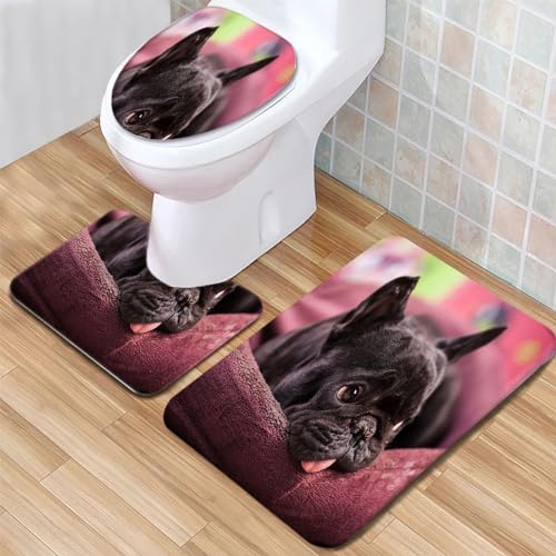 Badteppich Set tierische französische Bulldogge Badezimmerteppich Set 3 Teilig Weicher Mikrofaser Bad Teppiche WC Vorleger Waschbar rutschfeste Badvorleger Toilette Teppich von Generic