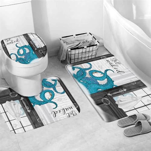 Badteppiche Set 3 Teilig,Oktopus Ocean Küstenkraken Tentakel Saugfähige U-Form Badteppich Flauschig WC Vorleger für WC Boden Dekoration Badteppiche Set 3 Teilig,Oktopus Ocean Küstenkraken Tentakel Saugfähige U-Form Badteppich Flauschig WC Vorleger für WC Boden Dekoration von Generic