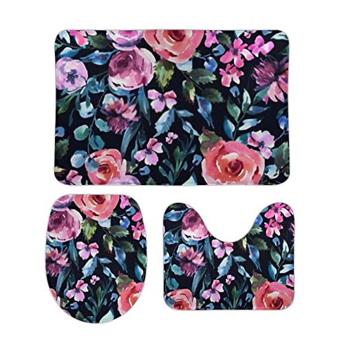 Badteppiche Set 3 Teilig Aquarell Blume Rosa Rose Vintage Blume Schwarz Waschbar U-Form Badteppich rutschfest WC Vorleger für Badezimmer Dekoration Badteppiche Set 3 Teilig Aquarell Blume Rosa Rose Vintage Blume Schwarz Waschbar U-Form Badteppich rutschfest WC Vorleger für Badezimmer Dekoration von Generic