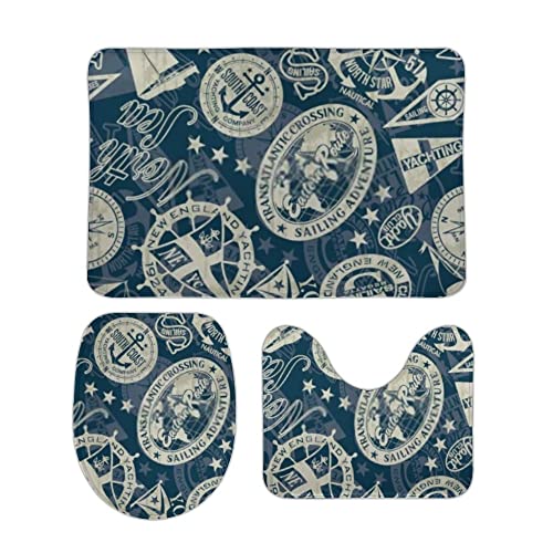 Badteppiche Set 3 Teilig Nautischer Stil Marine Segeln Blau Waschbar U Förmige Matte rutschfest WC Vorleger für Boden Badezimmer Badteppiche Set 3 Teilig Nautischer Stil Marine Segeln Blau Waschbar U Förmige Matte rutschfest WC Vorleger für Boden Badezimmer von Generic