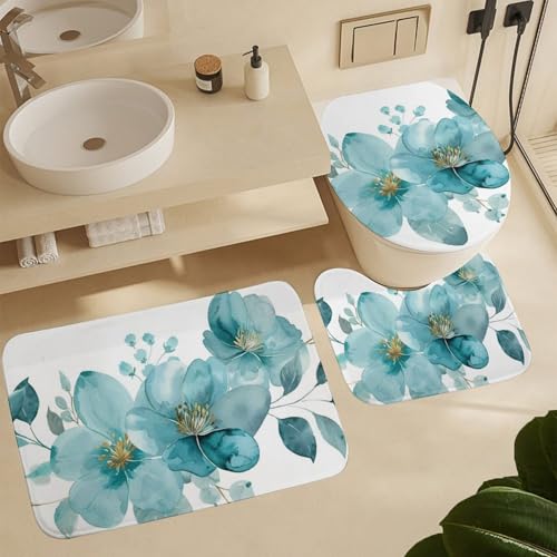 Badvorleger Set 3 Teilig,Aquarell Petrol Blumen Blumen rutschfest U-Form Toilettenmatte Flauschig WC Vorleger für Boden Dekoration Badezimmer Badvorleger Set 3 Teilig,Aquarell Petrol Blumen Blumen rutschfest U-Form Toilettenmatte Flauschig WC Vorleger für Boden Dekoration Badezimmer von Generic