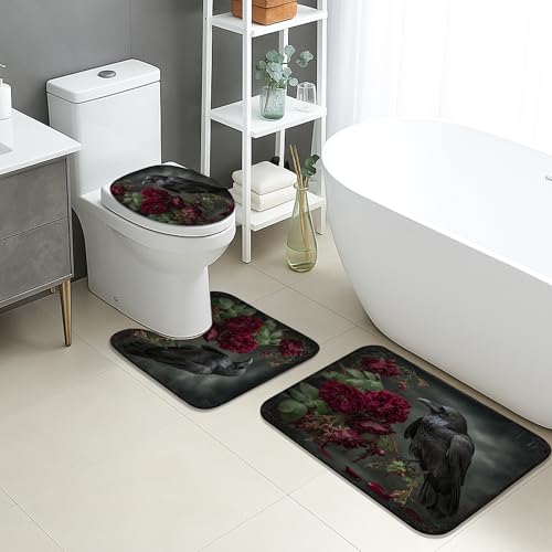 Badvorleger Set 3 Teilig,Gothic Dark Blumen Rosen Vogel Autumn Flauschig U-Form Toilettenmatte Waschbar WC Matte für WC Badezimmer Dekoration von Generic