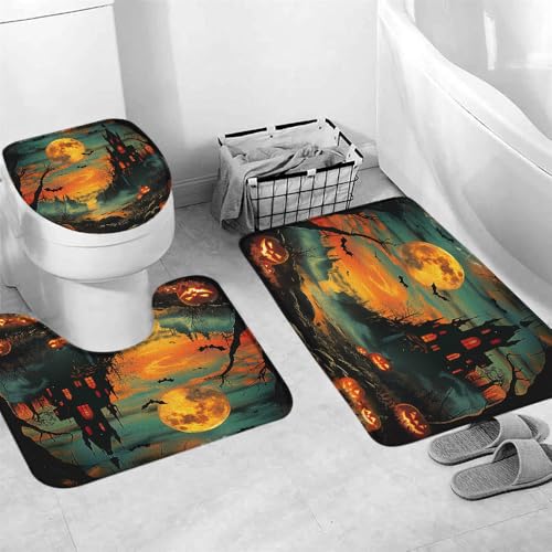 Badvorleger Set 3 Teilig,Halloween Gruselig Gothic Kürbisse Mond Horror Fledermaus Waschbar U-förmiger Teppich Weiche Toilettensitzbezug für WC Dekoration Boden Badvorleger Set 3 Teilig,Halloween Gruselig Gothic Kürbisse Mond Horror Fledermaus Waschbar U-förmiger Teppich Weiche Toilettensitzbezug für WC Dekoration Boden von Generic