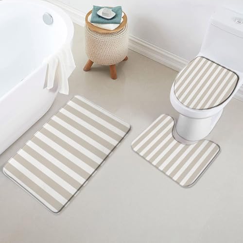 Badvorleger Set 3 Teilig,Hellbraun gestreift weiß geometrisch Mode minimalistisch rutschfest U-Form Toilettenmatte Waschbar WC Vorleger für WC Badezimmer Dusche Badvorleger Set 3 Teilig,Hellbraun gestreift weiß geometrisch Mode minimalistisch rutschfest U-Form Toilettenmatte Waschbar WC Vorleger für WC Badezimmer Dusche von Generic