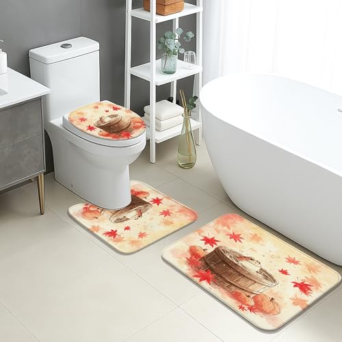 Badvorleger Set 3 Teilig,Herbstliches Kürbisblattmuster Mikrofaser Contour Badteppich Waschbar WC Vorleger für WC Boden Dusche Badvorleger Set 3 Teilig,Herbstliches Kürbisblattmuster Mikrofaser Contour Badteppich Waschbar WC Vorleger für WC Boden Dusche von Generic