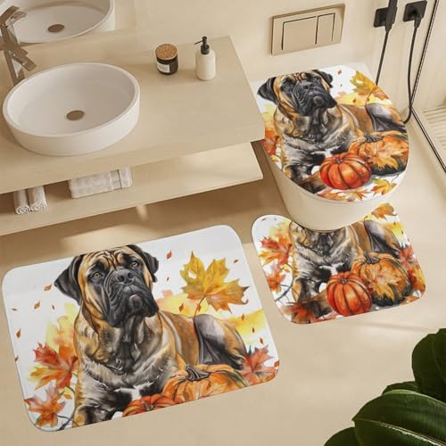 Badvorleger Set 3 Teilig,Hund Autumn süße Mastiff Hund Kürbisse Weiche U-Form Badteppich Mikrofaser WC Vorleger für WC Badezimmer Dekoration Badvorleger Set 3 Teilig,Hund Autumn süße Mastiff Hund Kürbisse Weiche U-Form Badteppich Mikrofaser WC Vorleger für WC Badezimmer Dekoration von Generic