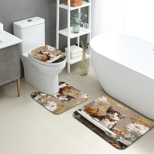 Badvorleger Set 3 Teilig,Katze Blumen Brown Muster Flauschig U-Form Badteppich Saugfähige WC Vorleger für WC Boden Dekoration Badvorleger Set 3 Teilig,Katze Blumen Brown Muster Flauschig U-Form Badteppich Saugfähige WC Vorleger für WC Boden Dekoration von Generic