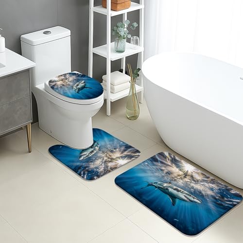 Badvorleger Set 3 Teilig,Ocean Hai Unterwasserszene Meereslebewesen Mikrofaser U-förmiger Teppich Waschbar WC Matte für Dusche Dekoration WC Badvorleger Set 3 Teilig,Ocean Hai Unterwasserszene Meereslebewesen Mikrofaser U-förmiger Teppich Waschbar WC Matte für Dusche Dekoration WC von Generic