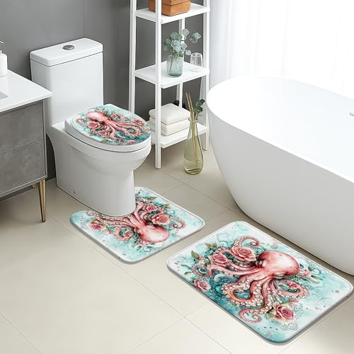 Badvorleger Set 3 Teilig,Ocean Themen Bunte Octopus Blumen Sommer Strand Mikrofaser Contour Badteppich Flauschig WC Vorleger für Badezimmer Dekoration Boden Badvorleger Set 3 Teilig,Ocean Themen Bunte Octopus Blumen Sommer Strand Mikrofaser Contour Badteppich Flauschig WC Vorleger für Badezimmer Dekoration Boden von Generic
