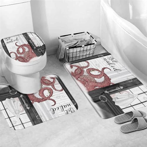 Badvorleger Set 3 Teilig,Oktopus Ocean Küstenkraken Tentakel Schnell Trocknend U-Form Toilettenmatte Saugfähige WC Matte für Badezimmer Dekoration Dusche von Generic