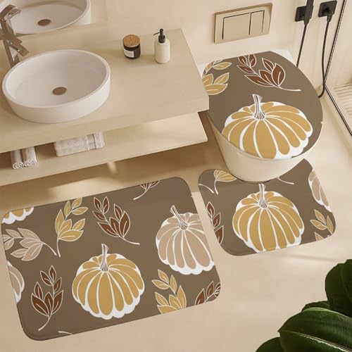 Badvorleger Set 3 Teilig,Retro Kürbisse Halloween Autumn Waschbar U-Form Badteppich Mikrofaser WC Vorleger für Dusche WC Boden Badvorleger Set 3 Teilig,Retro Kürbisse Halloween Autumn Waschbar U-Form Badteppich Mikrofaser WC Vorleger für Dusche WC Boden von Generic