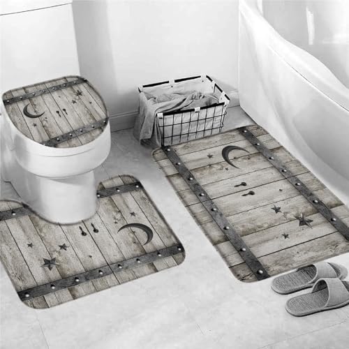 Badvorleger Set 3 Teilig,Rustikales Holz Halbmond Stern Western Country Holzbrett Flauschig U-Form Toilettenmatte Mikrofaser Toilettensitzbezug für WC Badezimmer Dusche von Generic