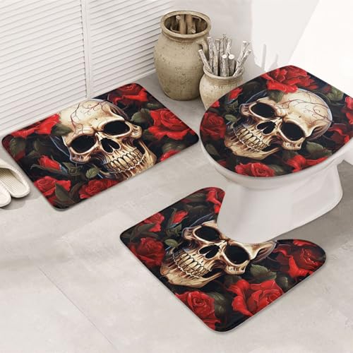 Badvorleger Set 3 Teilig,Totenkopf Roses Rot Schnell Trocknend U-Form Badteppich Mikrofaser Toilettensitzbezug für Badezimmer Dusche Dekoration Badvorleger Set 3 Teilig,Totenkopf Roses Rot Schnell Trocknend U-Form Badteppich Mikrofaser Toilettensitzbezug für Badezimmer Dusche Dekoration von Generic