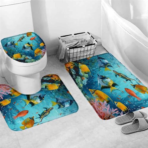 Badvorleger Set 3 Teilig,Tropischer Fisch Ocean Strand Küste Meeresschildkröte Waschbar U Förmige Matte Saugfähige WC Matte für WC Badezimmer Dusche Badvorleger Set 3 Teilig,Tropischer Fisch Ocean Strand Küste Meeresschildkröte Waschbar U Förmige Matte Saugfähige WC Matte für WC Badezimmer Dusche von Generic