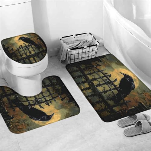 Badvorleger Set 3 Teilig,Vogel Vollmond Halloween Gruselig Gothic Krähe Fledermaus Spooky Weiche U Förmige Matte Waschbar WC Matte für WC Boden Dekoration Badvorleger Set 3 Teilig,Vogel Vollmond Halloween Gruselig Gothic Krähe Fledermaus Spooky Weiche U Förmige Matte Waschbar WC Matte für WC Boden Dekoration von Generic