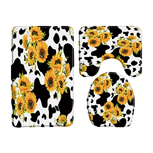Badvorleger Set 3 Teilig Kuhfell Schwarz Weiß Milchkuh Druck Gelb Sonnenblume U-förmiger Teppich WC Matte Weiche,Waschbar für WC Dekoration von Generic